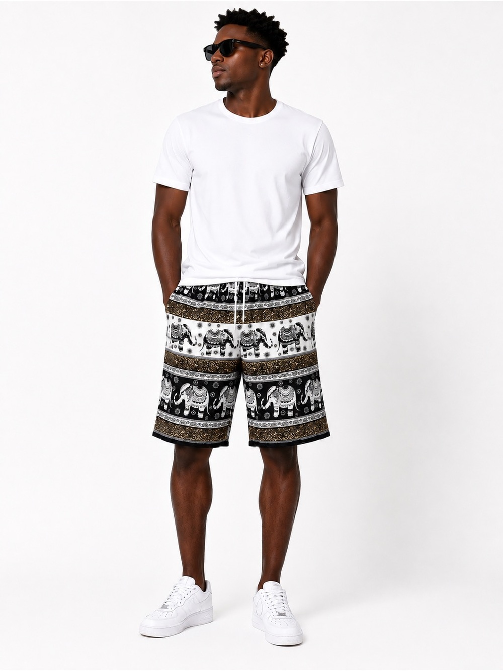 Thai Elephant Print Men’s Shorts Medium Large Black White Boho Beach Soft